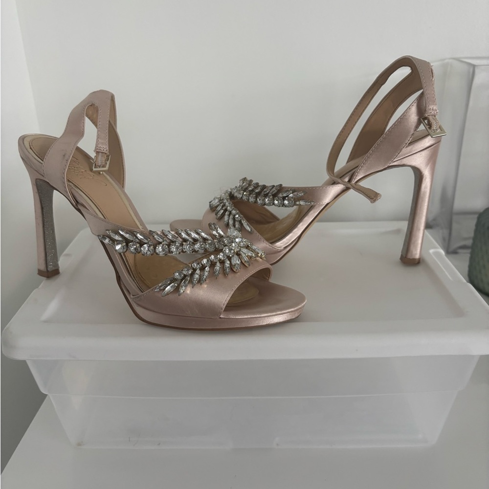 Badgley Mischka Metallic Pink Gold Heels with Station and Jewel Accents